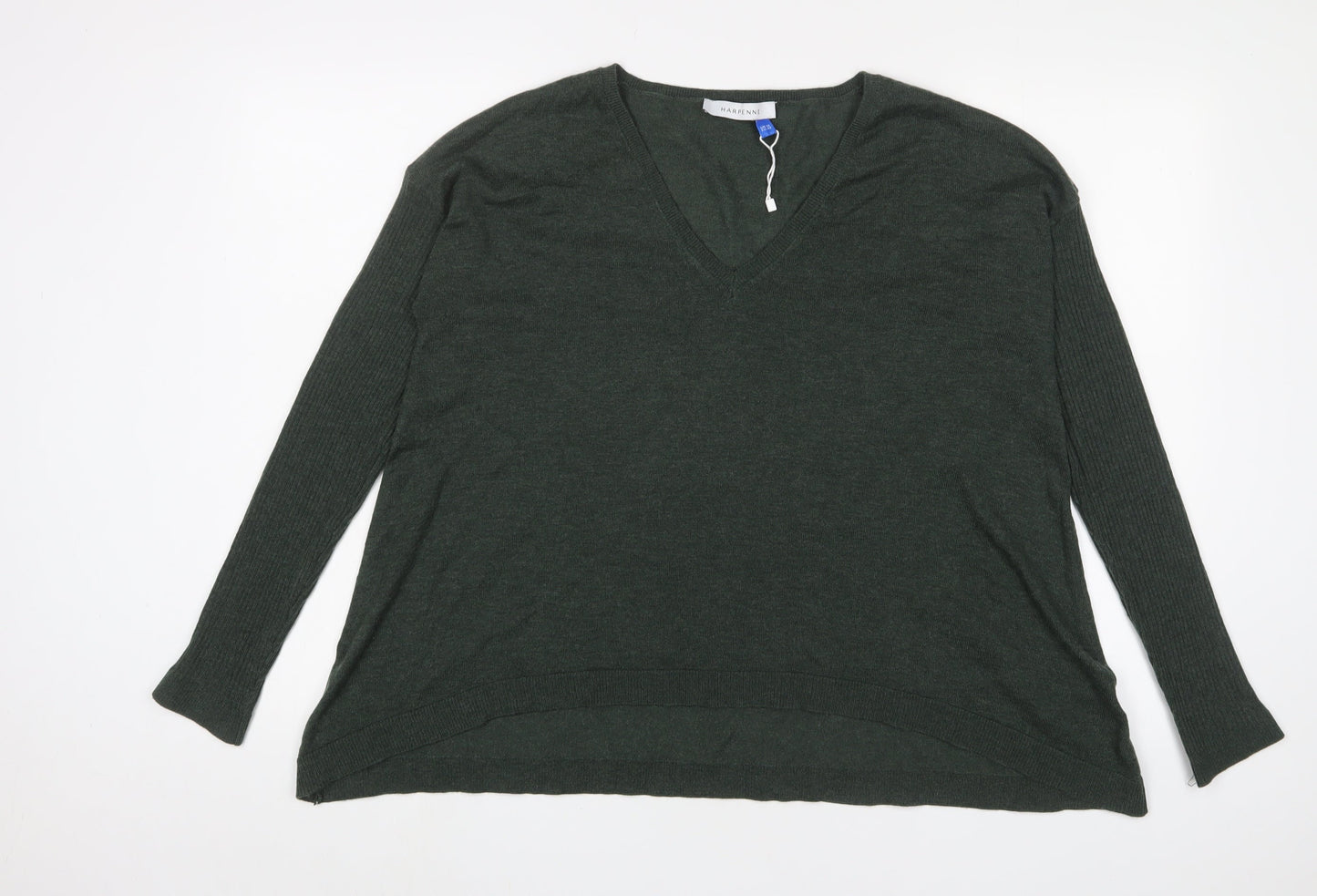 Harpenne Womens Green V-Neck Polyester Pullover Jumper Size 14