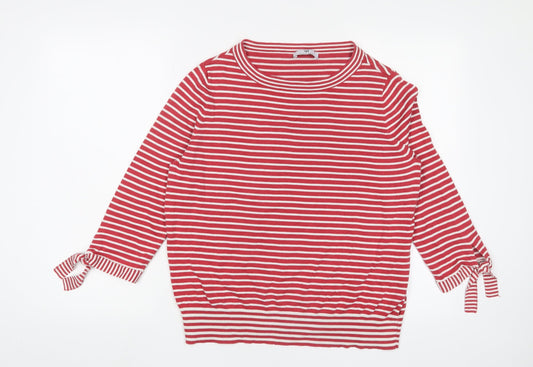 Peter Hahn Womens Red Crew Neck Striped Cotton Pullover Jumper Size 16