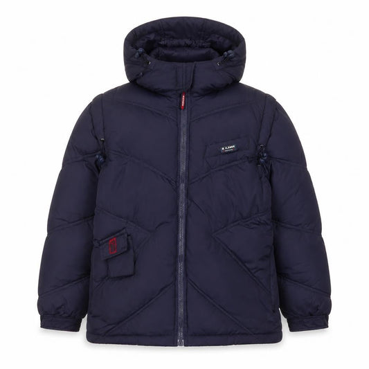 Front view of W.S. Duck boys’ blue basic coat coat, size 14, years zip - logo, embroidered