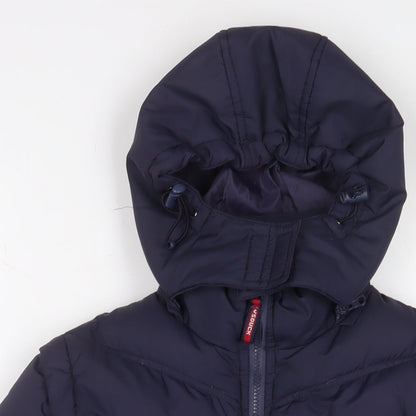 Close-up detail of W.S. Duck boys’ blue basic coat coat, size 14, years zip - logo, embroidered