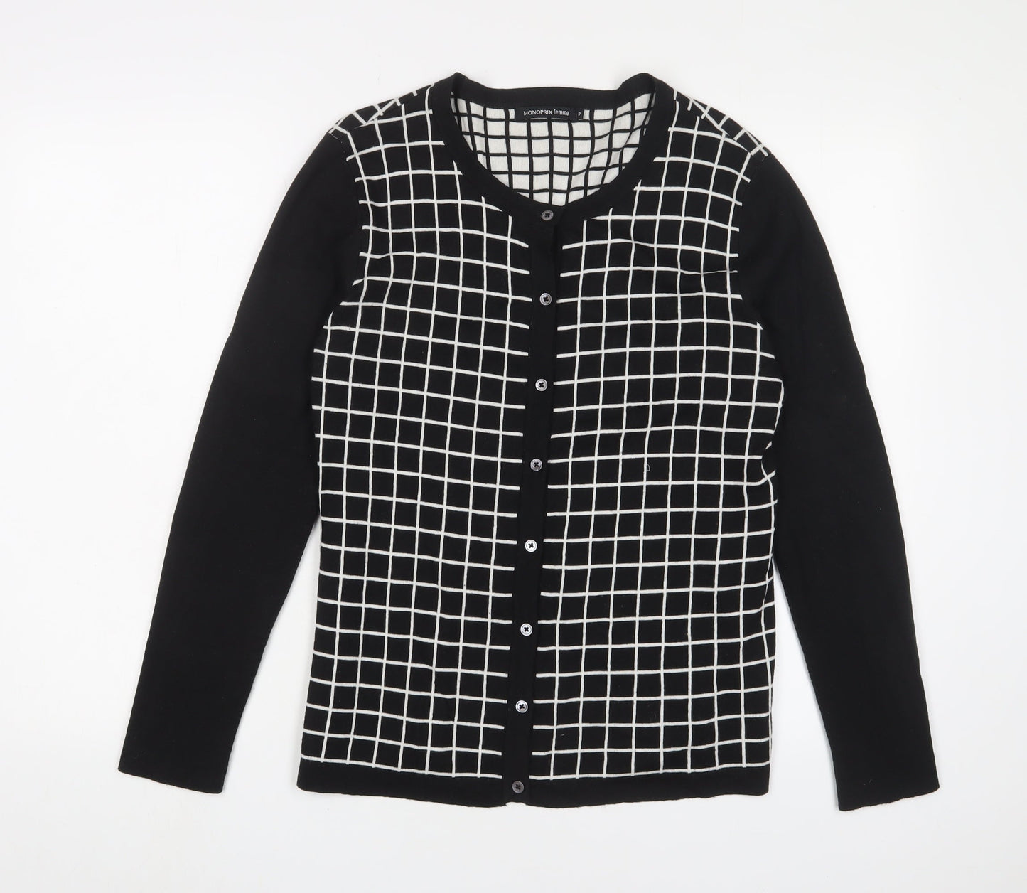 Monoprix Womens Black Crew Neck Plaid Cotton Cardigan Jumper Size L