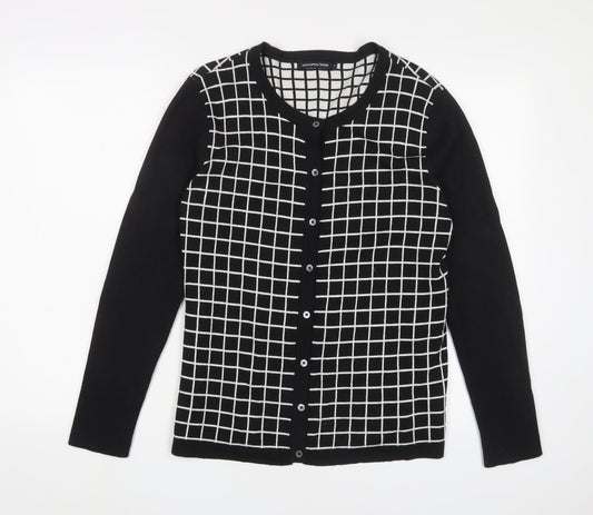 Monoprix Womens Black Crew Neck Plaid Cotton Cardigan Jumper Size L