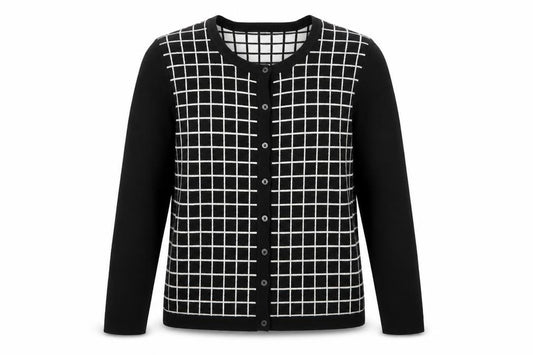 Monoprix Womens Black Crew Neck Plaid Cotton Cardigan Jumper Size L