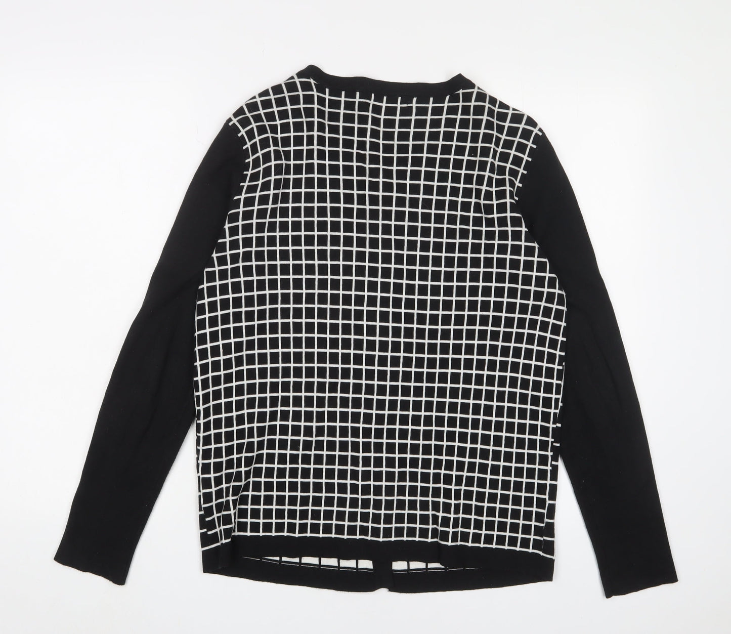 Monoprix Womens Black Crew Neck Plaid Cotton Cardigan Jumper Size L