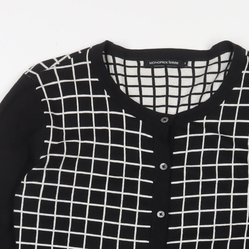 Monoprix Womens Black Crew Neck Plaid Cotton Cardigan Jumper Size L