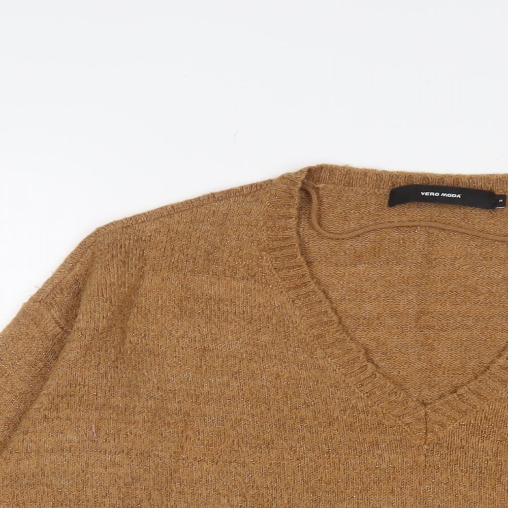 VERO MODA Womens Brown V-Neck Acrylic Pullover Jumper Size M - Glitter
