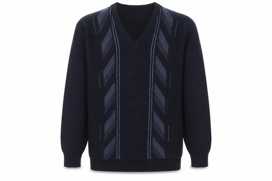 Carabou Mens Blue V-Neck Striped Cotton Pullover Jumper Size M Long Sleeve