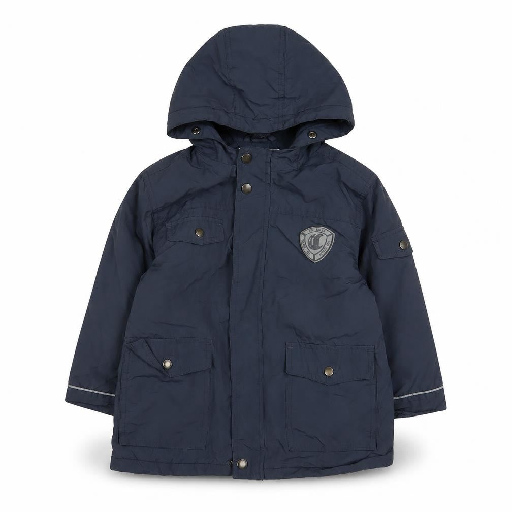 Front view of Vertbaudet boys’ blue basic coat coat, size 4, years zip - logo, embroidered