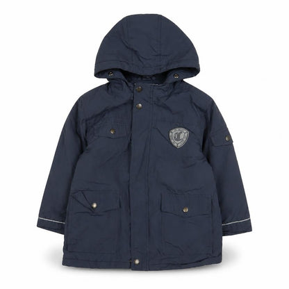 Front view of Vertbaudet boys’ blue basic coat coat, size 4, years zip - logo, embroidered