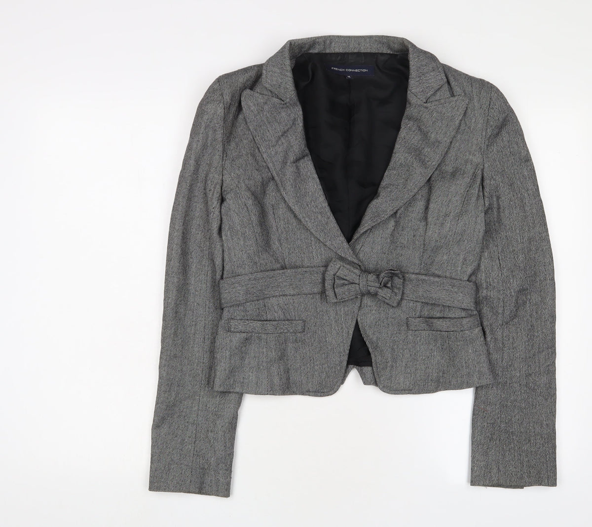 Additional front view of French Connection women’s grey jacket blazer, size UK 10, button - belted