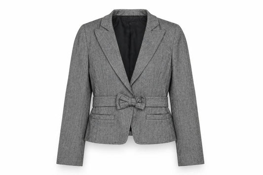 Front view of French Connection women’s grey jacket blazer, size UK 10, button - belted
