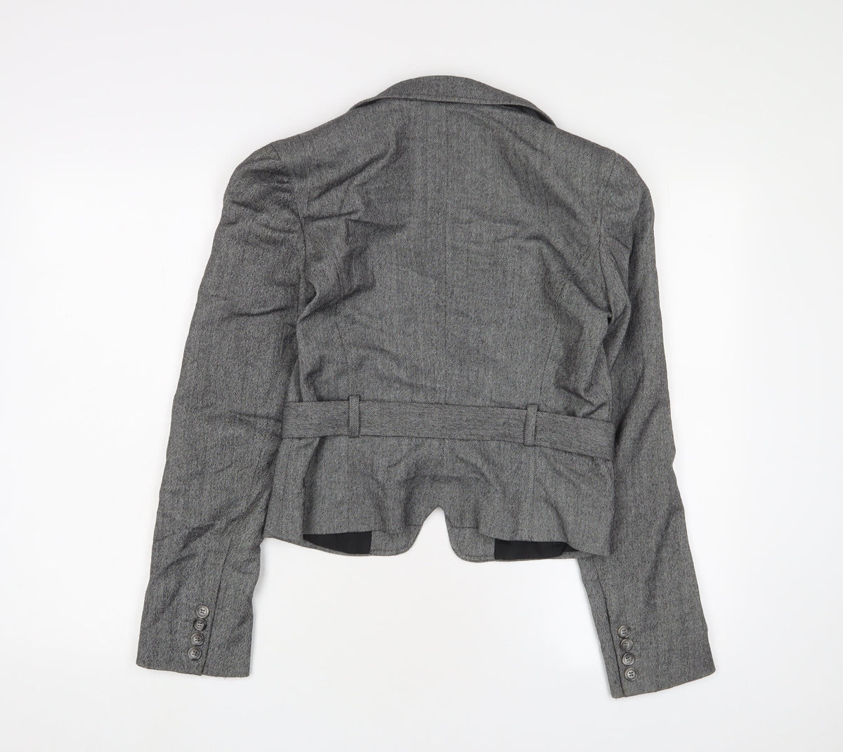 Back view of French Connection women’s grey jacket blazer, size UK 10, button - belted