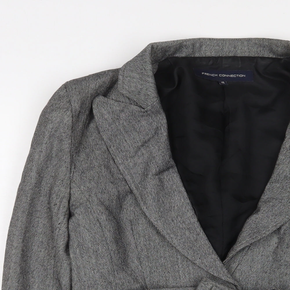 Close-up detail of French Connection women’s grey jacket blazer, size UK 10, button - belted