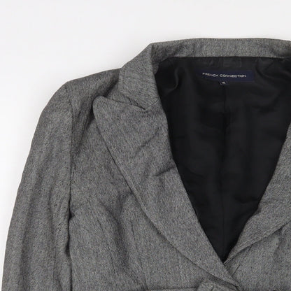 Close-up detail of French Connection women’s grey jacket blazer, size UK 10, button - belted