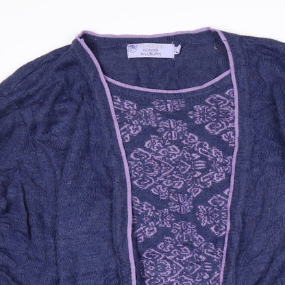 Close-up detail of Honor Milllburn women’s blue boat neck floral wool jumper, size L, - layered effect