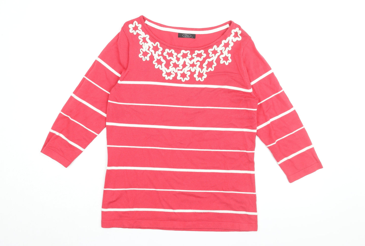 BM Womens Pink Striped Viscose Basic T-Shirt Size S Round Neck