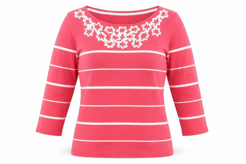 BM Womens Pink Striped Viscose Basic T-Shirt Size S Round Neck