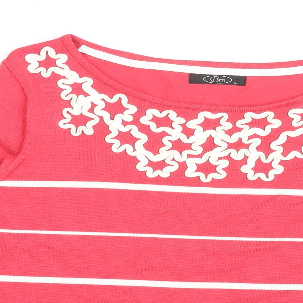 BM Womens Pink Striped Viscose Basic T-Shirt Size S Round Neck