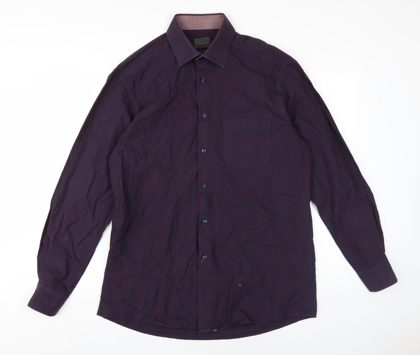 Douglas Mens Blue Check Cotton Dress Shirt Size 16.5 Collared Button