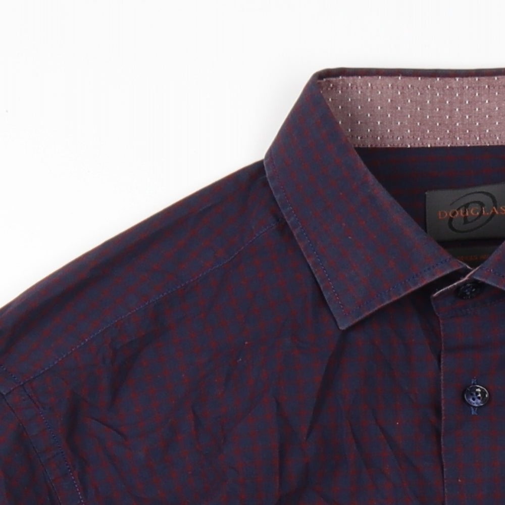 Douglas Mens Blue Check Cotton Dress Shirt Size 16.5 Collared Button