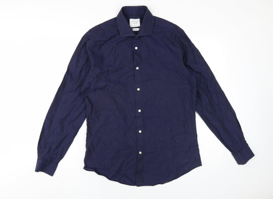 Fisk of Oslow Mens Blue Cotton Dress Shirt Size 15.5 Collared Button