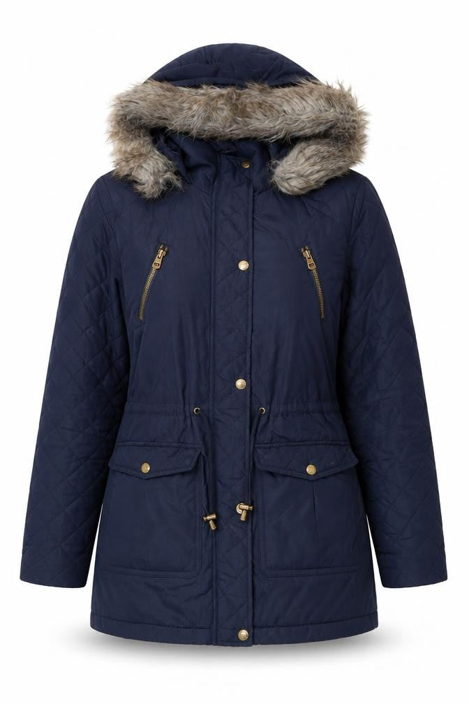 Pineapple Women's Blue Parka Coat Fur Trim Zip Size 10