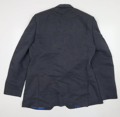 Back view of Hugo James Men's Blue Wool Blazer 44L Notch Lapel