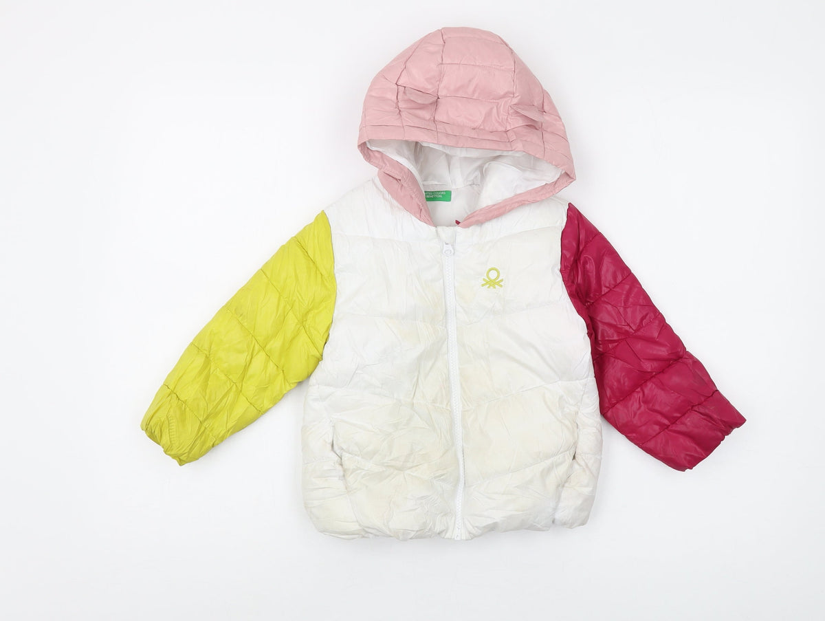Additional front view of Benetton girls’ pink multicolour puffer jacket age 2-3