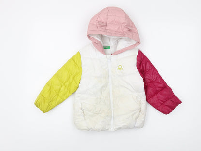 Additional front view of Benetton girls’ pink multicolour puffer jacket age 2-3