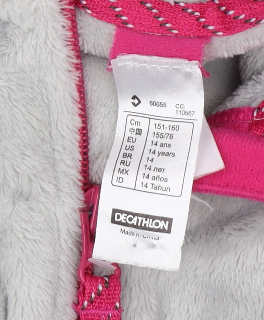 Close-up detail of Decathlon girls’ grey fleece full zip hoodie 14 years