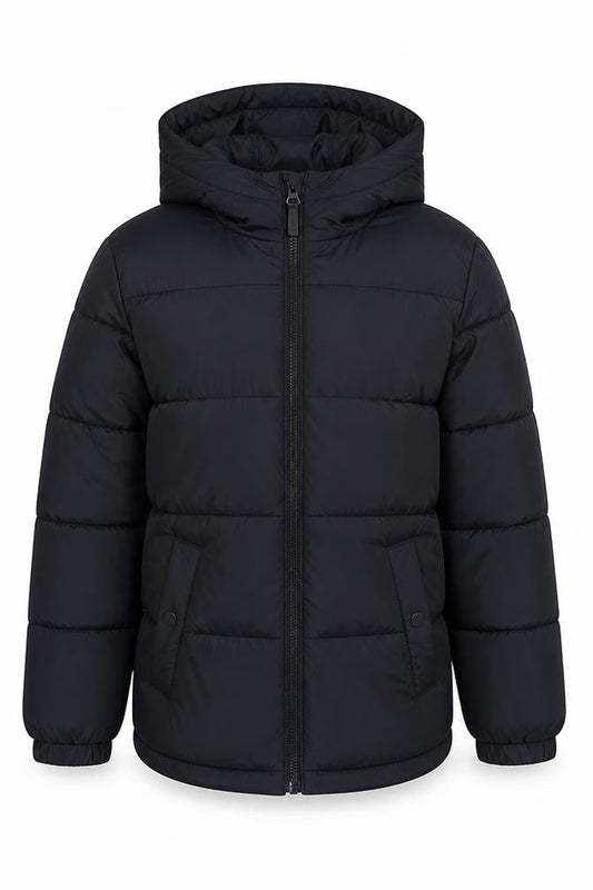 Front view of Firetrap boys’ black puffer jacket 6-7 winter hooded