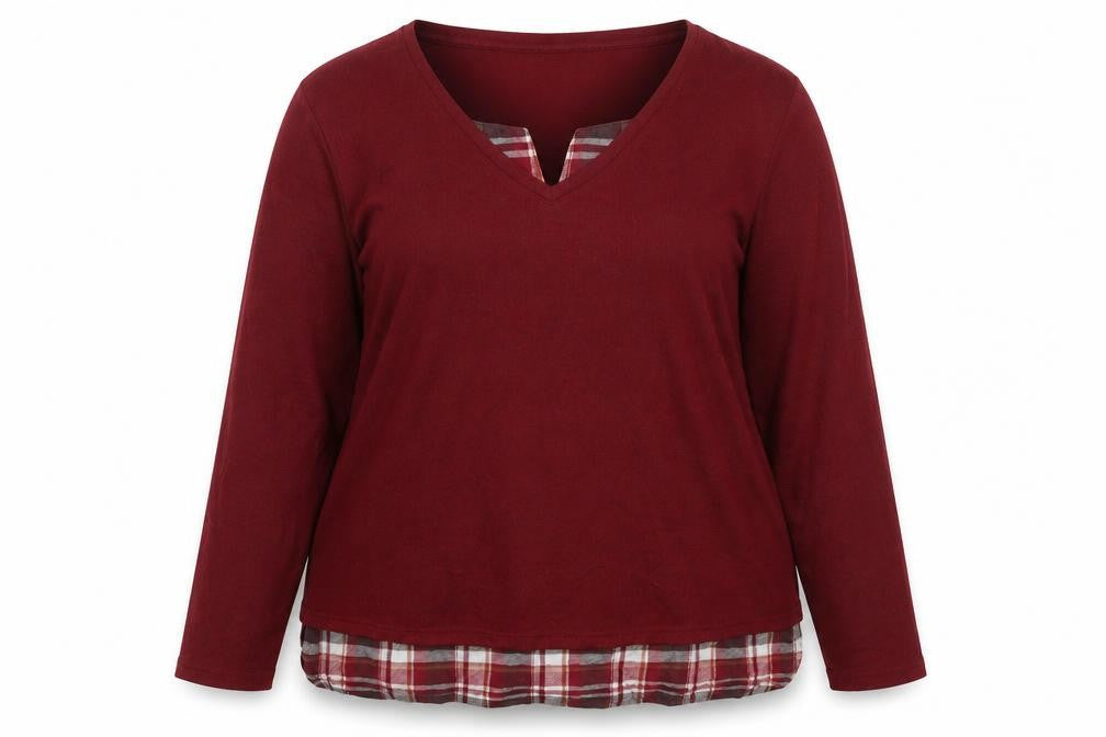 Damart Women's Red V-Neck Plaid Trim Jumper, Size L