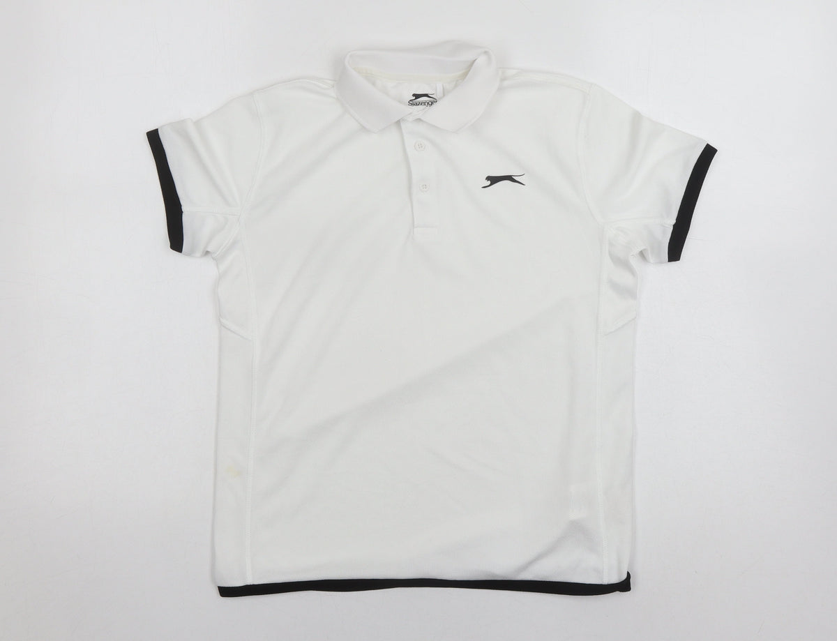 Additional front view of Slazenger boys’ white polo shirt, age 11-12, logo accent