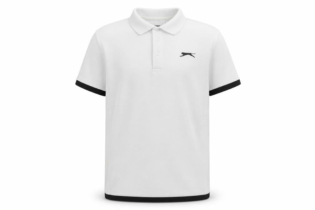 Front view of Slazenger boys’ white polo shirt, age 11-12, logo accent