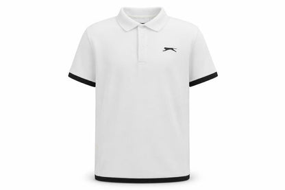 Front view of Slazenger boys’ white polo shirt, age 11-12, logo accent