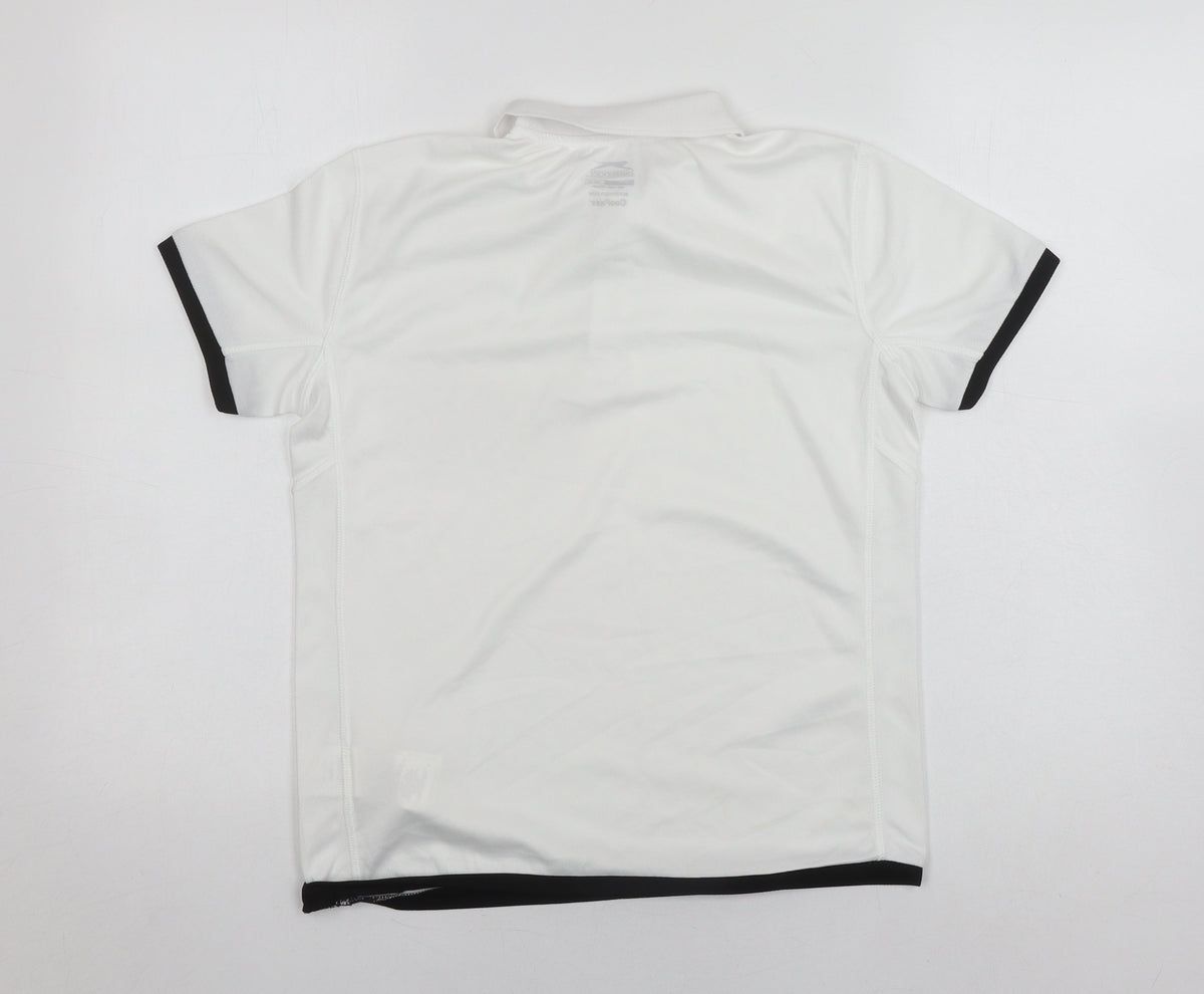 Back view of Slazenger boys’ white polo shirt, age 11-12, logo accent