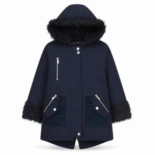 Front view of River Island girls’ blue parka coat, 7-8 years, faux fur, winter
