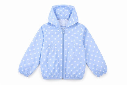 Front view of Benetton girls’ blue polka dot windbreaker jacket 3-4 years