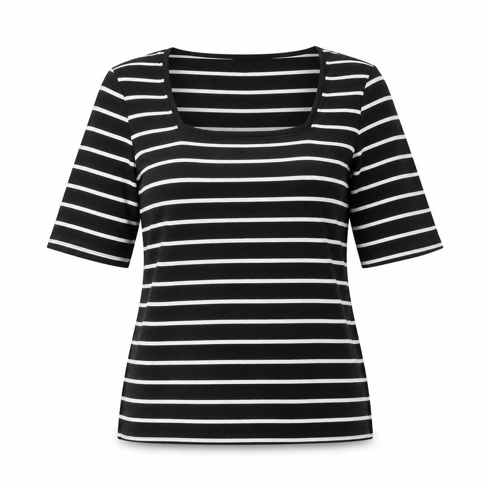 M&Co Women's Black Striped Basic T-Shirt Size 14