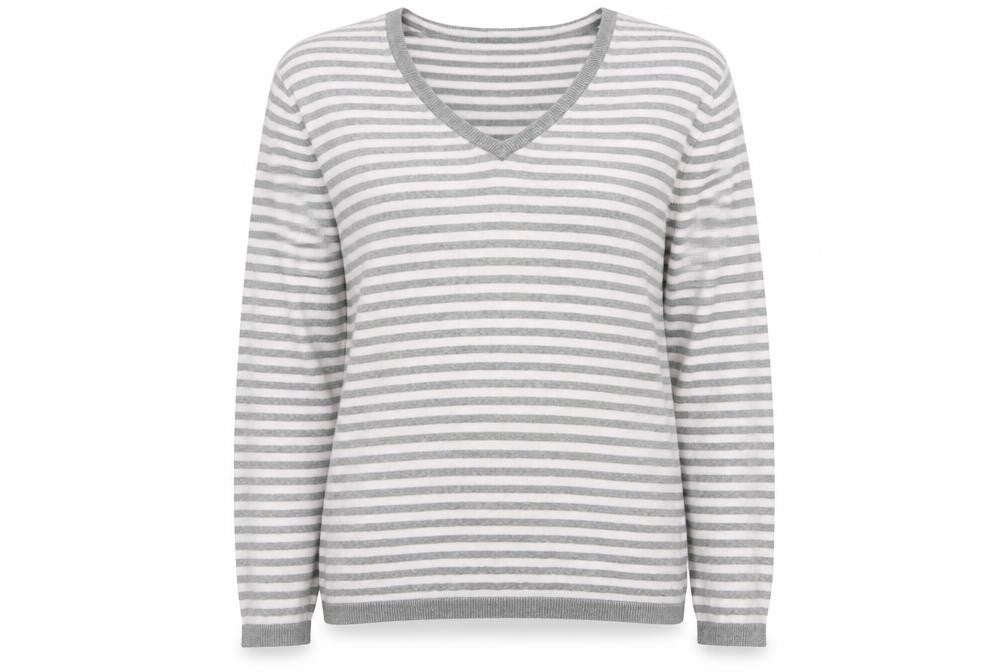 Gap Women's Grey Striped V-Neck Jumper L