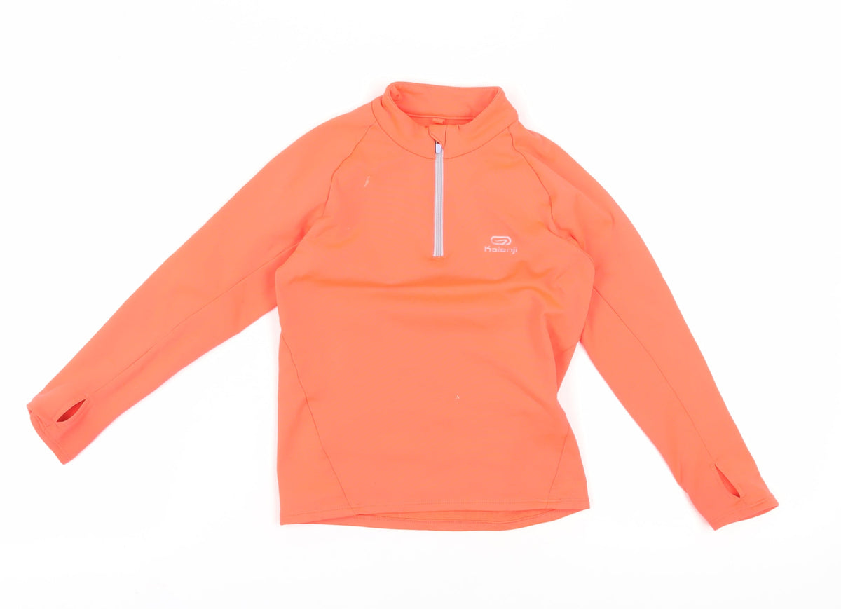 Additional front view of Decathlon girls’ orange 1/4 zip sweatshirt, 5-6 years, lightweight