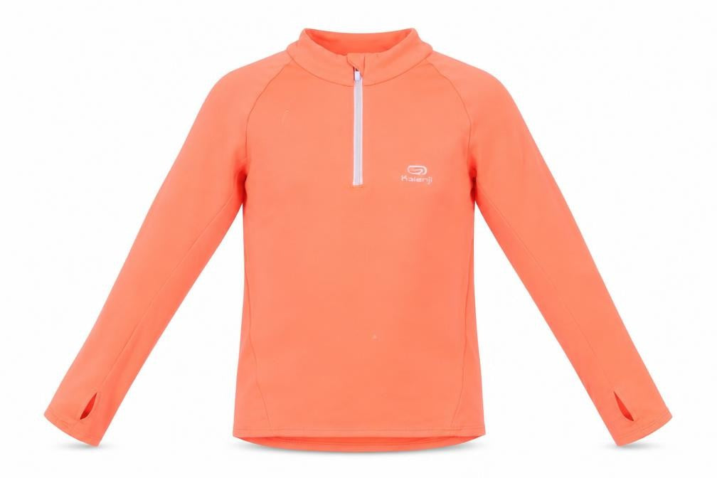 Front view of Decathlon girls’ orange 1/4 zip sweatshirt, 5-6 years, lightweight