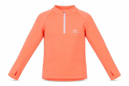 Front view of Decathlon girls’ orange 1/4 zip sweatshirt, 5-6 years, lightweight