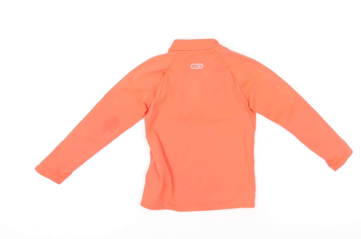 Back view of Decathlon girls’ orange 1/4 zip sweatshirt, 5-6 years, lightweight