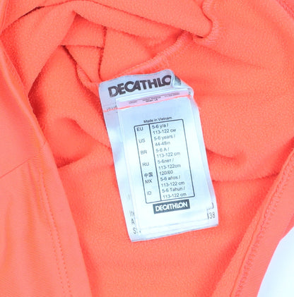 Close-up detail of Decathlon girls’ orange 1/4 zip sweatshirt, 5-6 years, lightweight