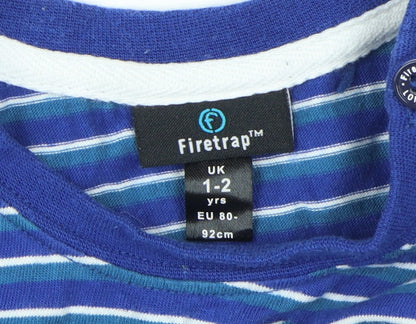 Close-up detail of Firetrap boys’ blue striped t-shirt, size 12-18, months