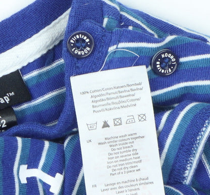 Brand and care label for Firetrap boys’ blue striped t-shirt, size 12-18, months