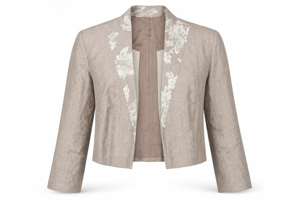 Front view of Roman Originals Women's Brown Floral Jacket, size 10, Formal