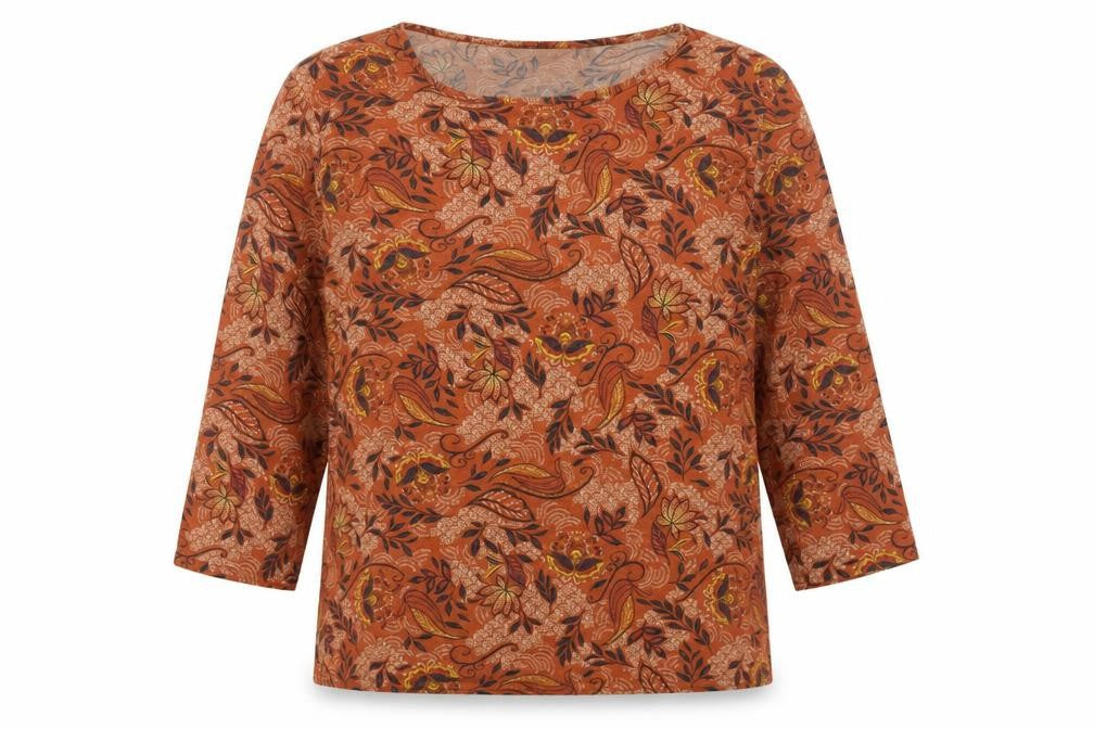 Isle Women's Orange Floral Basic Top Size L 3/4 Sleeve