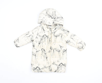Additional front view of Baby Gap girls’ ivory animal print puffer jacket, size 3